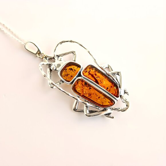 Baltic Amber Scarab Pendant Necklace in 925 Sterling Silver - Picture 3 of 9